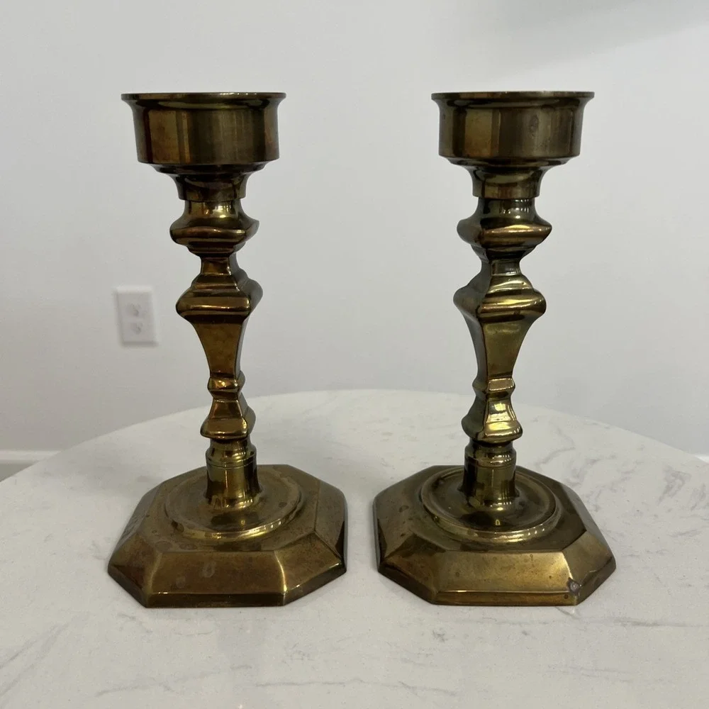 Vtg Solid Brass Candlestick Holders Pair Mantel Farmhouse Colonial Style Decor‎